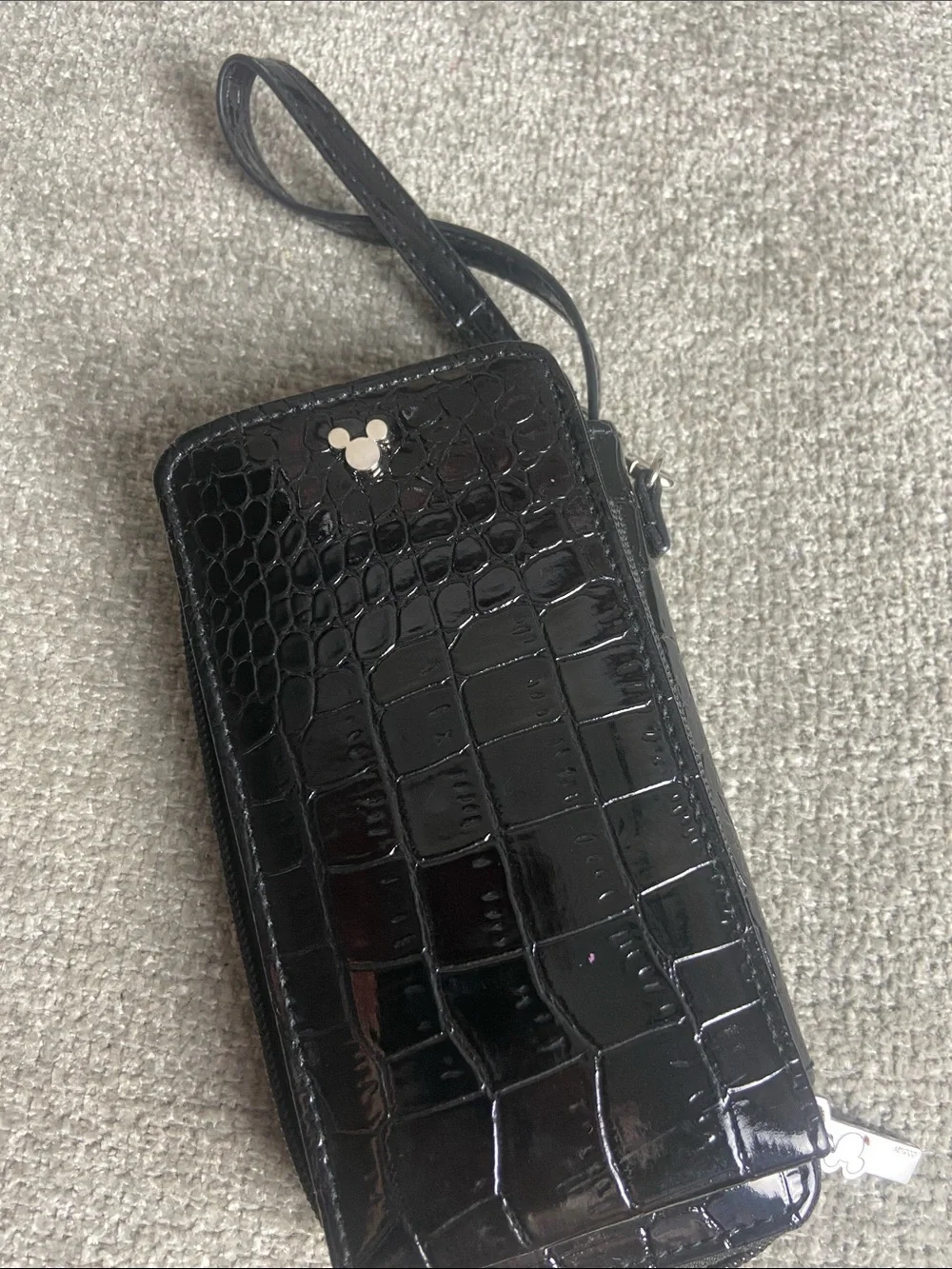 Patent Croc-Embossed Wristlet Phone Case with Wrist Strap - Black
